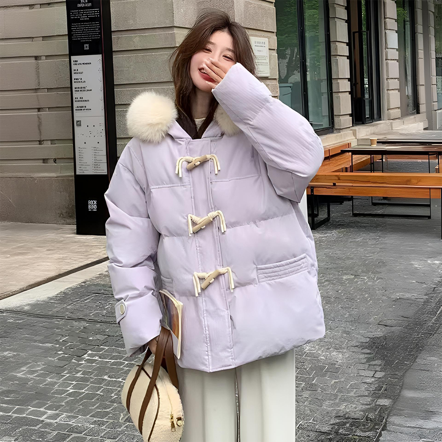 300斤特大码牛角扣宽松毛领外套