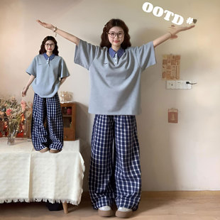 穿搭设计感短袖 300斤大码 t恤女胖mm美式 学院风休闲POLO衫 上衣 女装