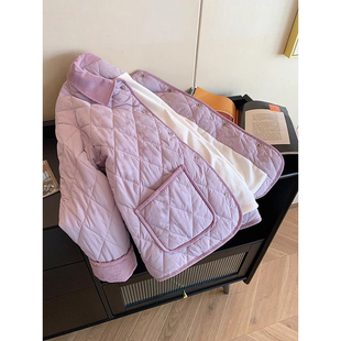 气质减龄夹棉夹克外套 胖mm简约紫色小香风菱格棉服女时尚 大码 女装