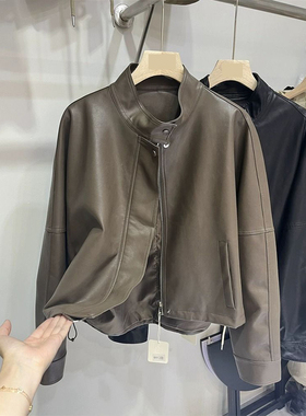 胖mm大码女装美式洋气黑色pu皮衣女韩版时尚立领宽松短款皮质外套