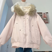 粉色座山雕毛领棉服上衣女冬季 胖mm大码 女装 加厚保暖连帽棉衣外套
