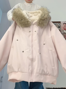 胖mm大码女装粉色座山雕毛领棉服上衣女冬季加厚保暖连帽棉衣外套