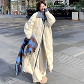 胖mm特大码 米白色牛仔拼接棉服女韩系百搭设计感慵懒风中长款 外套