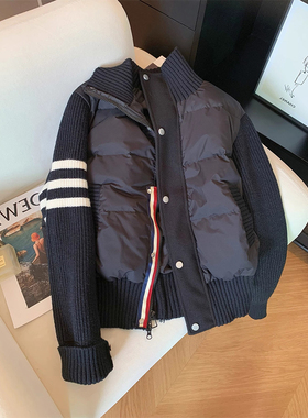 300斤大码女装胖mm针织拼接撞色棉衣女高级感立领学院风夹克外套