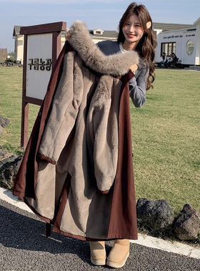 胖mm特大码加绒加厚中长款棉服外套女冬季安可拉红设计感保暖棉衣