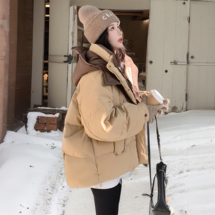 胖mm特大码卡其色加厚保暖棉服上衣女韩版拼色设计减龄百搭面包服