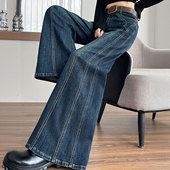 胖mm韩版 蓝色牛仔裤 女高腰裤 特大码 子梨型身材粗腿宽胯显瘦直筒裤