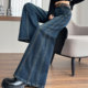 胖mm韩版 蓝色牛仔裤 女高腰裤 特大码 子梨型身材粗腿宽胯显瘦直筒裤