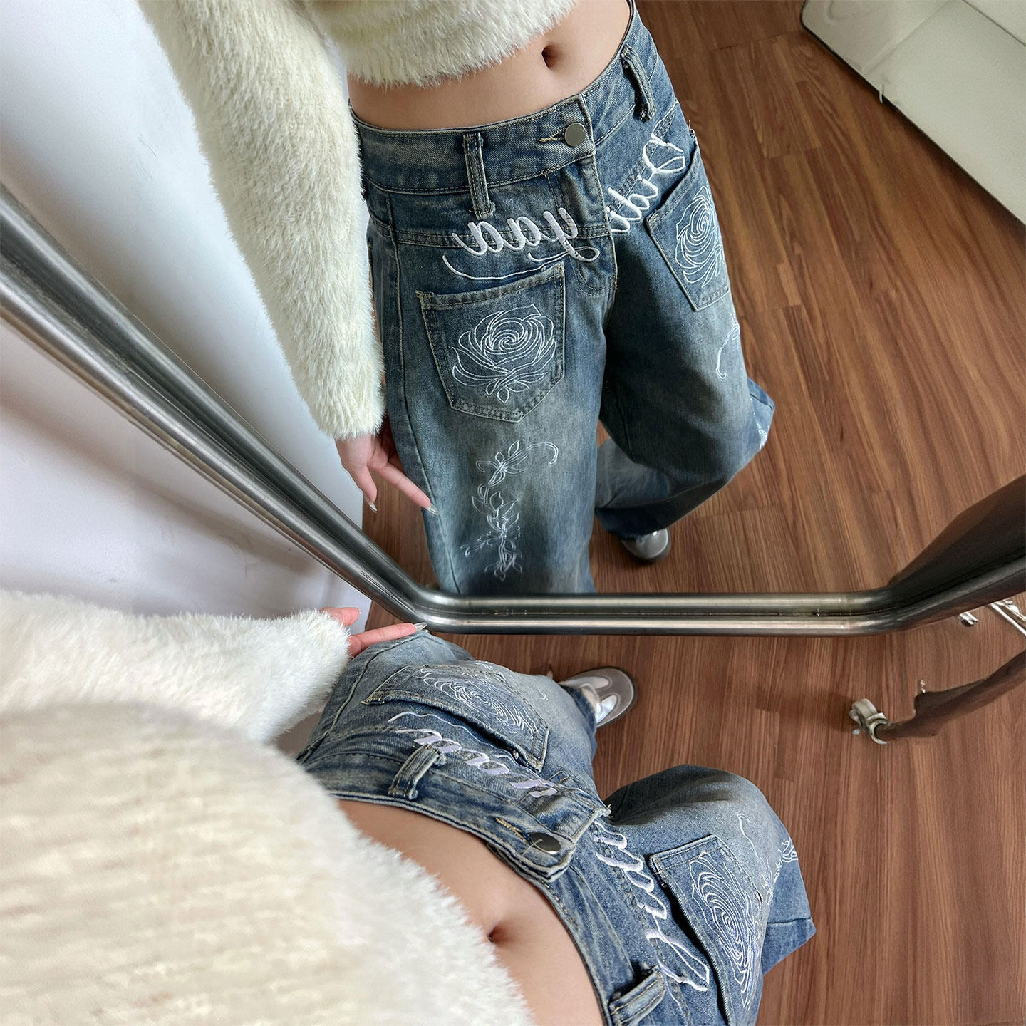 特大码胖mm美式复古字母刺绣牛仔裤高腰直筒显瘦超好看炸街裤子女,女装/女士精品,大码裤装,淘宝优惠券,粉丝福利购,淘宝优惠卷