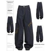 女装 阔腿裤 豹纹拼接大口袋弯刀牛仔裤 宽松工装 子 女胖mm美式 特大码