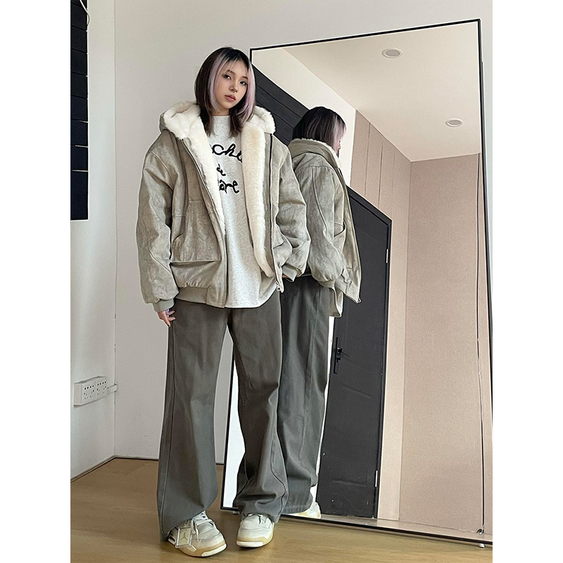 特大码女装水洗做旧工装保暖棉衣