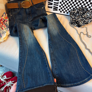 女胖mm高街弹力辣妹风加厚喇叭裤 蓝色加绒微喇牛仔裤 子 女装 特大码