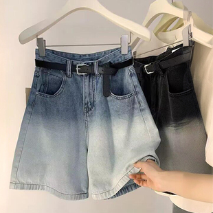 女高腰显瘦宽松直筒五分裤 复古渐变色牛仔短裤 胖mm美式 300斤大码
