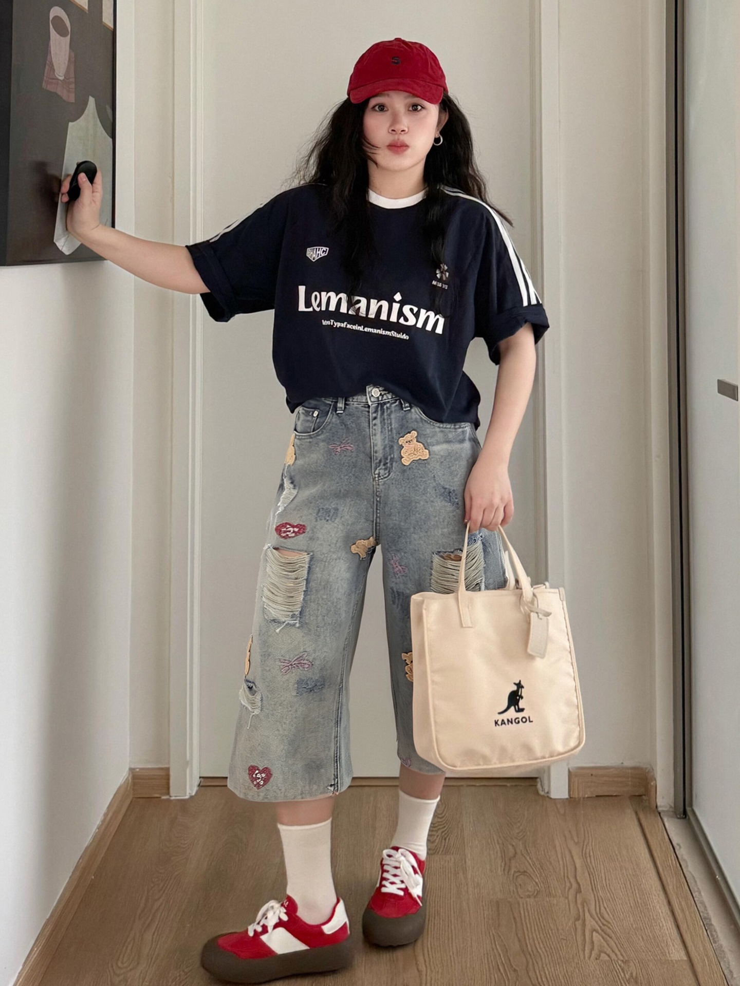 Plus Size Large Size Retro Bear Embroidered Ripped Denim Shorts for Women Summer Ripped Loose Slimming Look Wide Leg Cropped Pants