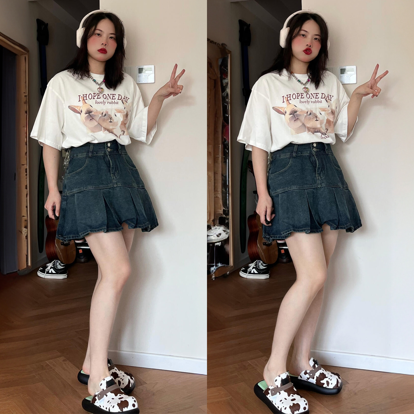 特大码美式复古辣妹牛仔百褶半身裙女胖mm高腰显瘦梨型身材短裙子