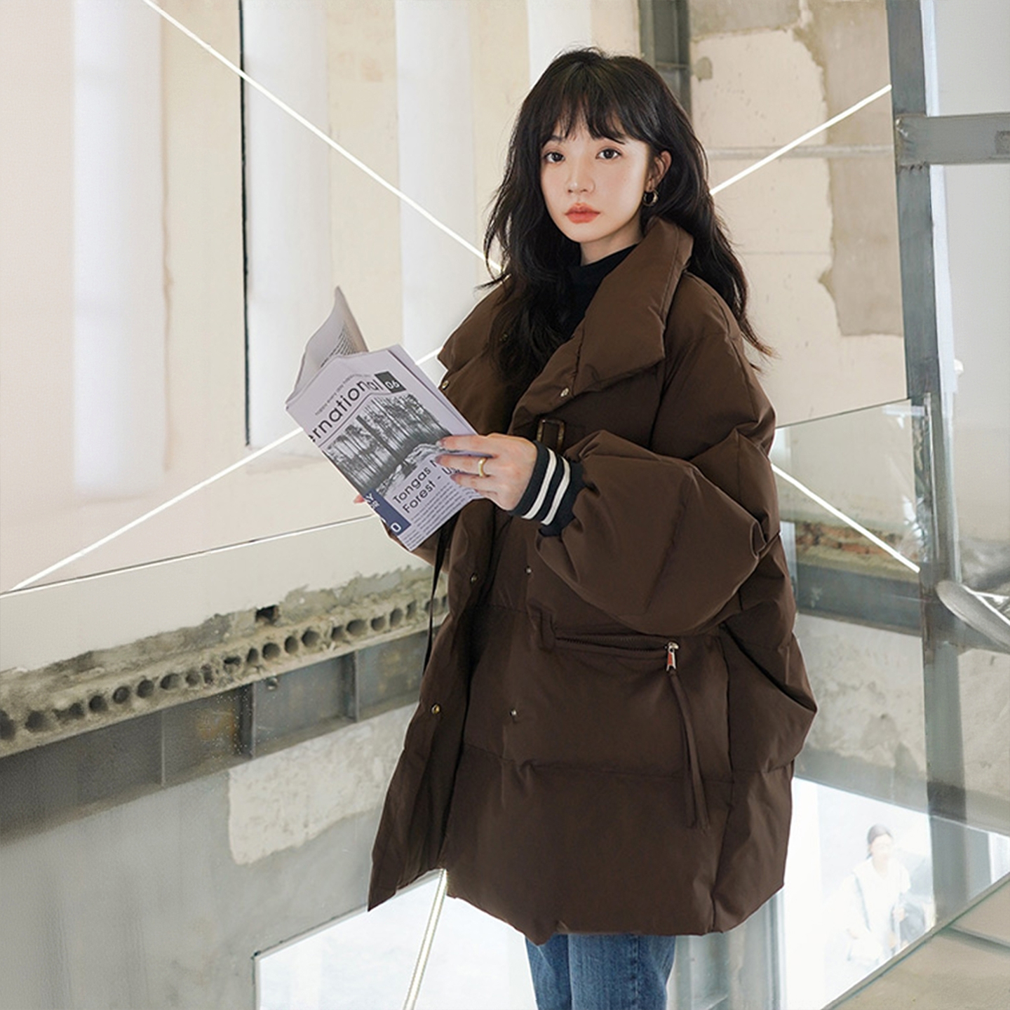 特大码胖mm慵懒风立领棉衣外套女