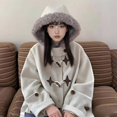 特大码 胖mm韩系简约慵懒风呢子大衣女小个子氛围感牛角扣连帽外套