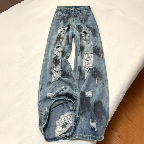 胖mm大码泼墨设计感小众牛仔裤女