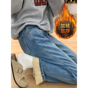 300斤大码女装复古加绒窄版直筒牛仔裤女秋冬保暖女裤胖mm阔腿裤