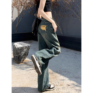 直筒裤 300斤大码 女设计感磨破显瘦女装 复古阔腿牛仔裤 子 胖mm韩版