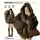 300斤大码 女装 美拉德咖色毛绒棉服女胖mm高级感双面穿连帽厚外套