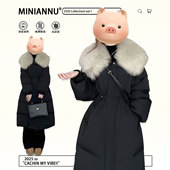 特大码 胖mm收腰显瘦大毛领羽绒棉服女黑色加厚保暖中长款 棉衣外套