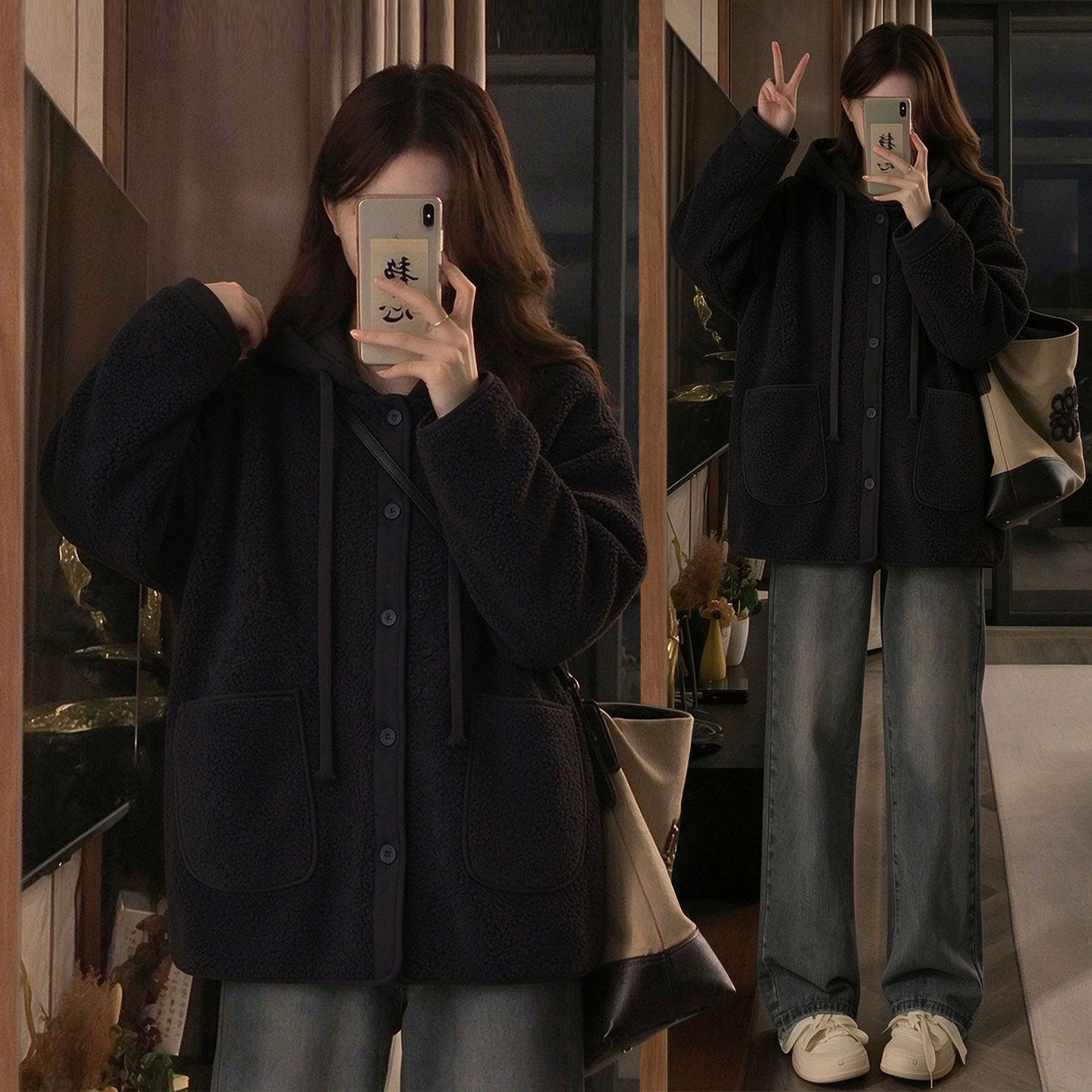 特大码女装黑色慵懒风保暖棉服女秋冬胖mm宽松显瘦设计感加厚外套