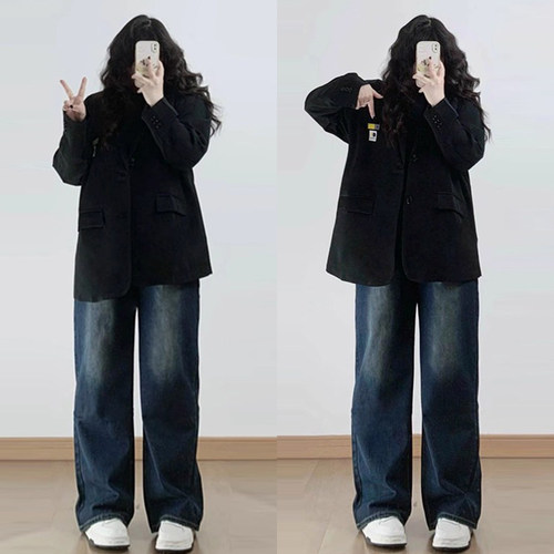特大码女装复古蓝阔腿牛仔长裤女