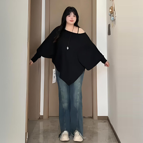 300斤大码女装设计感慵懒风t恤衫