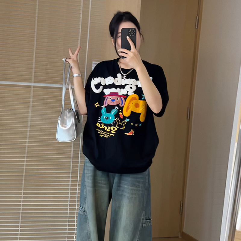 胖mm大码复古显瘦百搭圆领t恤女