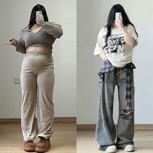 大码胖mm梨型身材显瘦遮肉牛仔裤