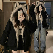 300斤大码 胖mm学生黑色保暖厚棉服女美式 辣妹风ins座山雕毛绒外套