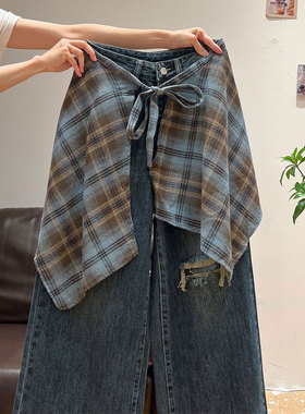 特大码女装胖mm复古高级感阔腿牛仔裤女高腰直筒垂感慵懒风长裤子