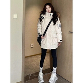 女装 美式 休闲工装 胖mm大码 棉服女冬季 加厚保暖派克服白色连帽外套