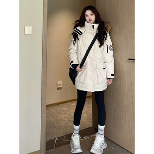 棉服女冬季 胖mm大码 休闲工装 美式 加厚保暖派克服白色连帽外套 女装