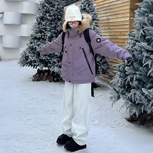 300斤胖mm大码 紫色保暖毛领派克棉服女秋冬小个子连帽显瘦厚外套