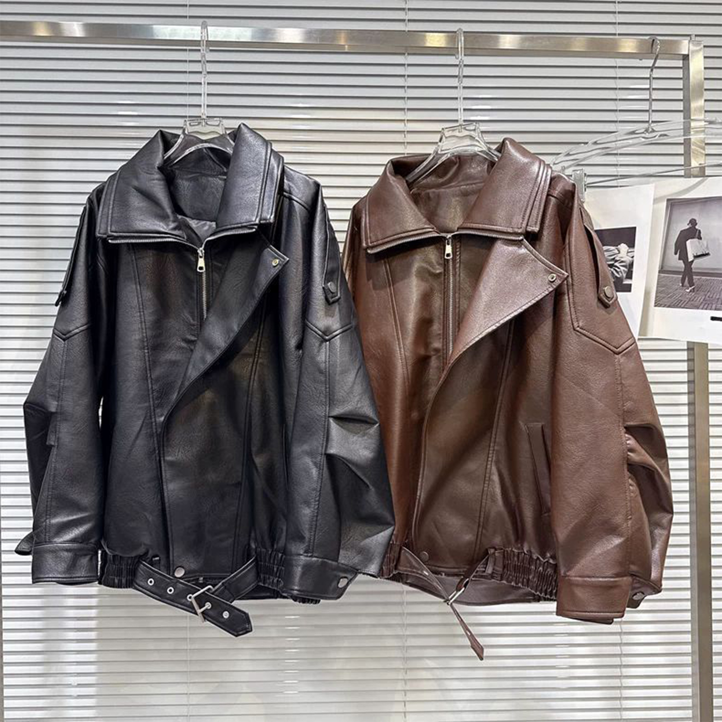 大码女装高街辣妹风长袖皮衣外套