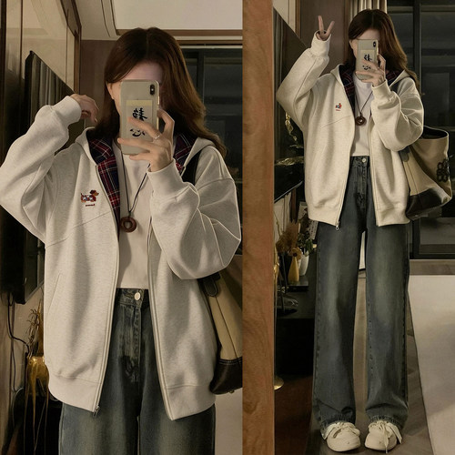 特大码胖mm设计感格纹连帽卫衣女