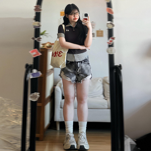 女装 女夏季 300斤大码 胖mm黑灰色牛仔短裤 子 破洞裤 子学生显瘦热裤