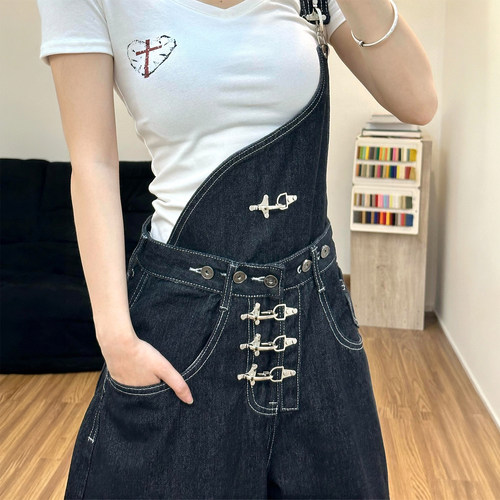 大码胖mm美式甜酷风牛仔背带裤女