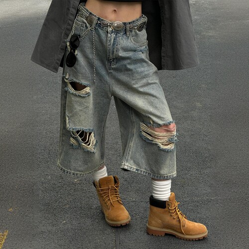 特大码女装学生休闲七分乞丐裤子