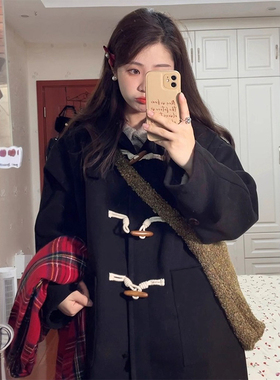 大码女装胖mm黑色牛角扣呢子大衣女高级感长款过膝气质毛呢外套潮