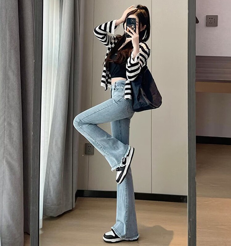 EXTRA LARGE SIZE 300 POUND RETRO BLUE HIGH-WAISTED JEANS WOMENS STRETCH THIN MM STRAIGHT LEG HIGH RAW EDGE SLIGHTLY FLARED PANTS