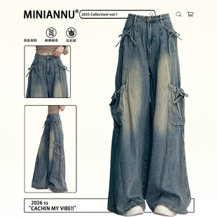 女辣妹风宽松遮肉蝴蝶结阔腿裤 胖mm大码 高街牛仔裤 蓝色美式 子 女装