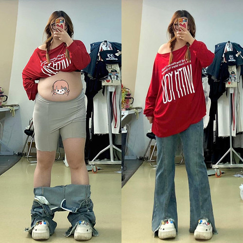 特大码胖mm学生遮肉休闲喇叭裤女