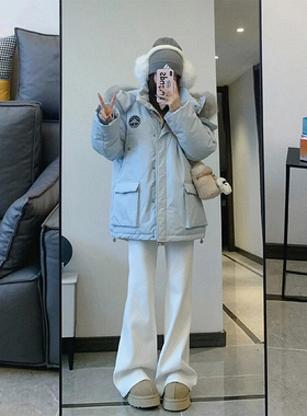 300斤大码女装胖mm加厚工装派克服女蓝色高级感保暖冬装外套棉服