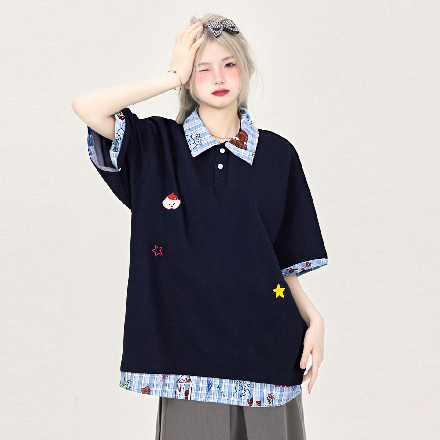 特大码女装设计感格子拼接polo衫