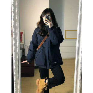 特大码 高级感保暖加厚学生连帽外套 女装 胖mm藏青色羽绒棉服女冬季