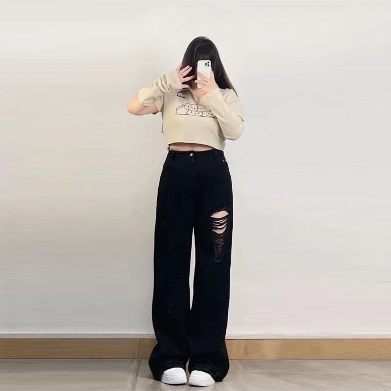 300 CATTIES EXTRA LARGE SIZE WOMENS JEANS WOMENS ELASTIC WAIST LOOSE FAT MM DESIGN SENSE HOLE STRAIGHT WIDE LEG PANTS