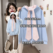 大码 胖mm蓝色甜美可爱卫衣女早春高级感百搭格纹绑带连帽上衣 女装